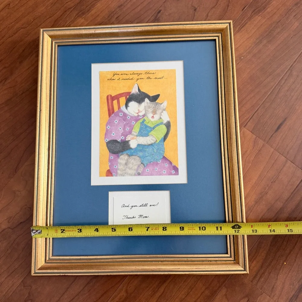 Paris Bottman Signed Framed Folk Art Print Cat Mother Holding A Kitten